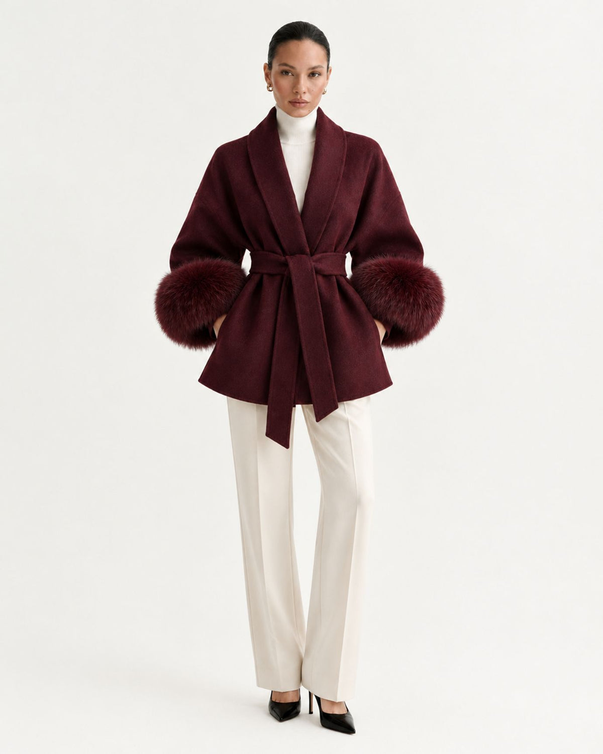 Divina Belted Double-Faced Wool Coat with Fox Fur Cuffs