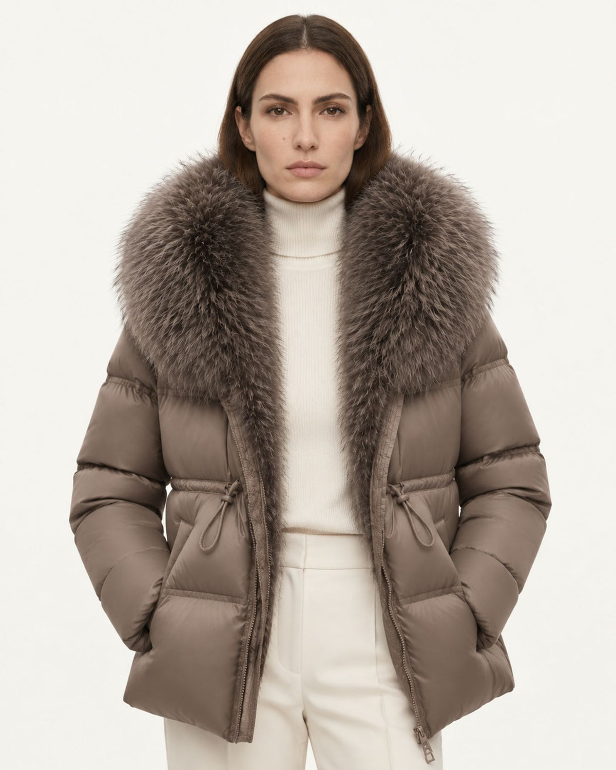 Belted Goose Down Coat with Detachable Fox Fur Collar