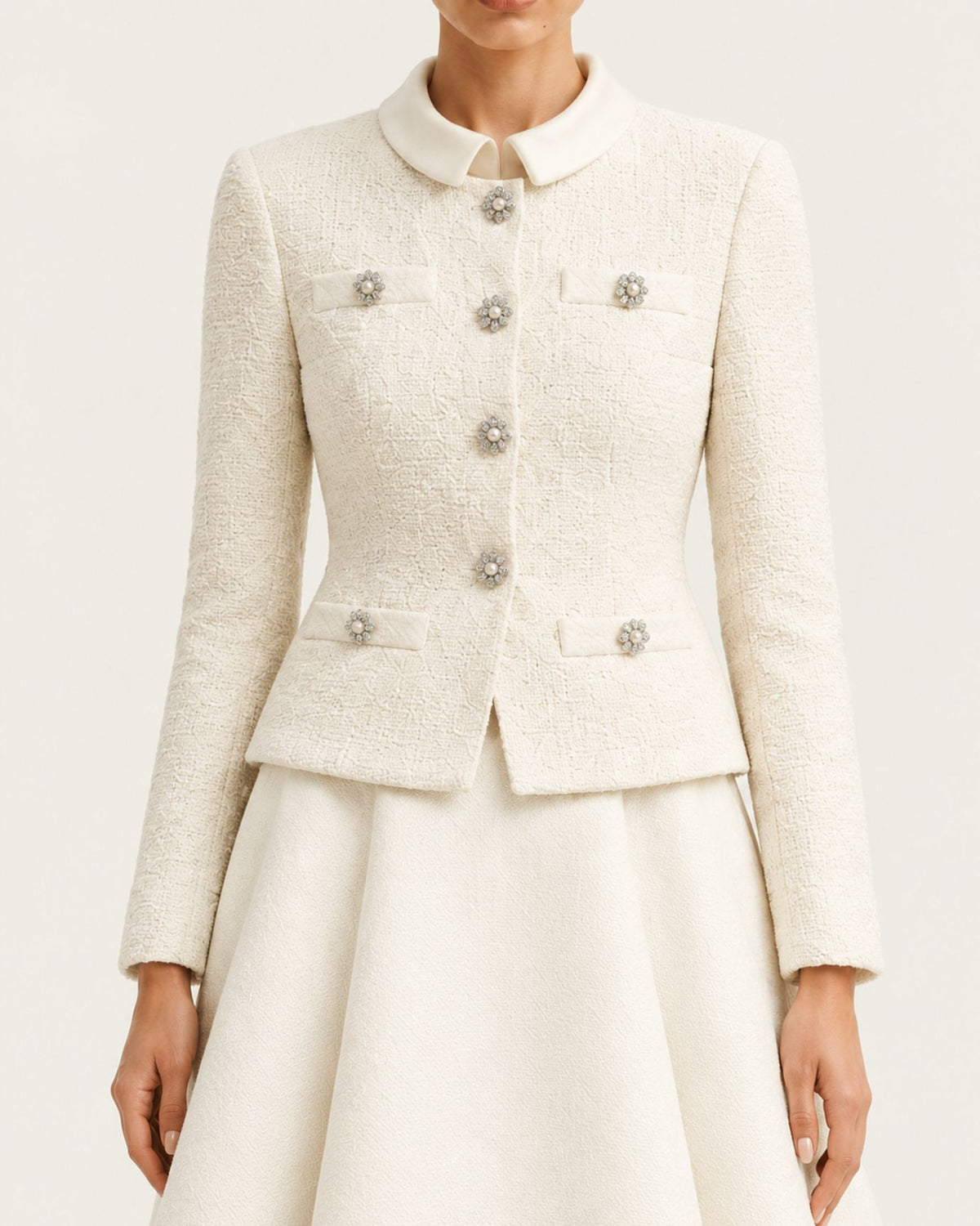 Cindy Long-Sleeve Tweed Contrast Stand-Collar Dress