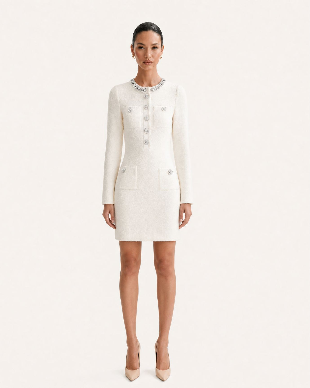 Long Sleeve Slim-Fit Rhinestone-Embellished Knit Dress