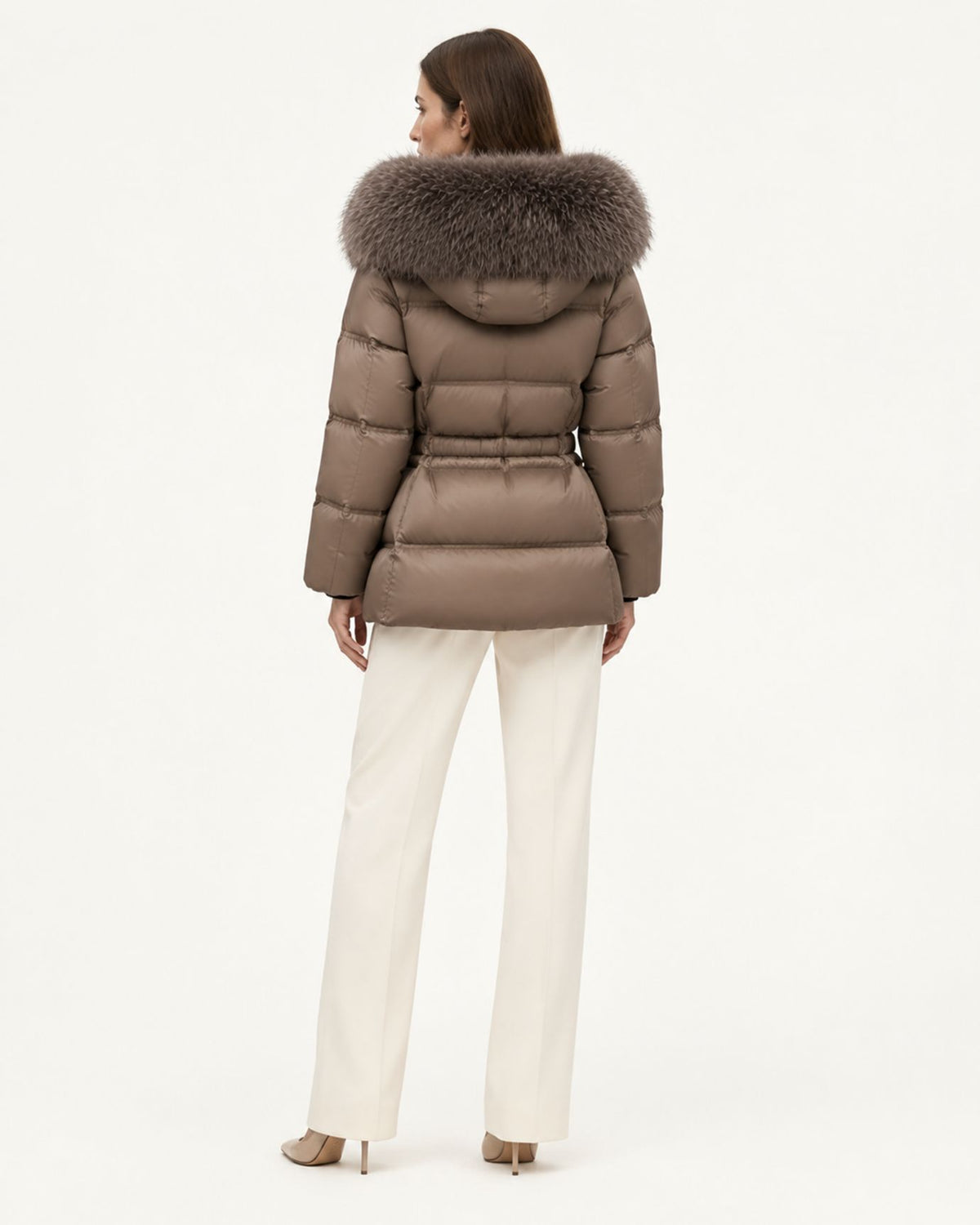 Belted Goose Down Coat with Detachable Fox Fur Collar