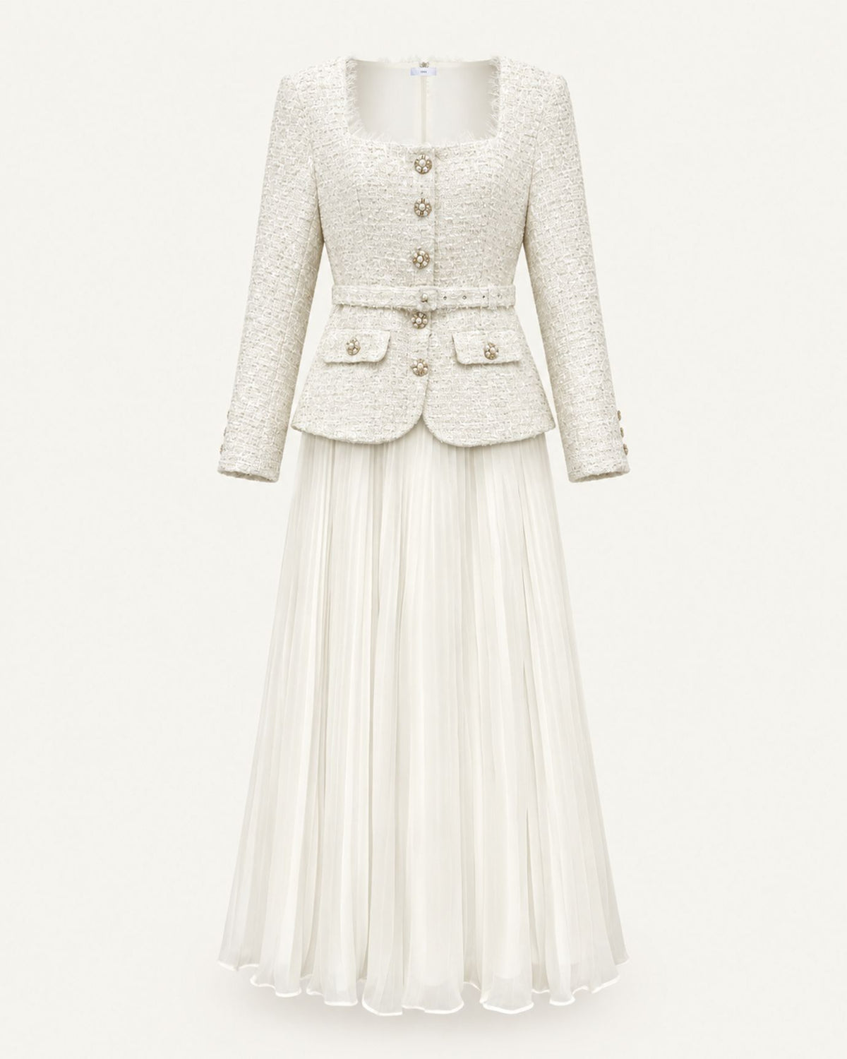 Beige Tweed and Chiffon Pleated Skirt Set