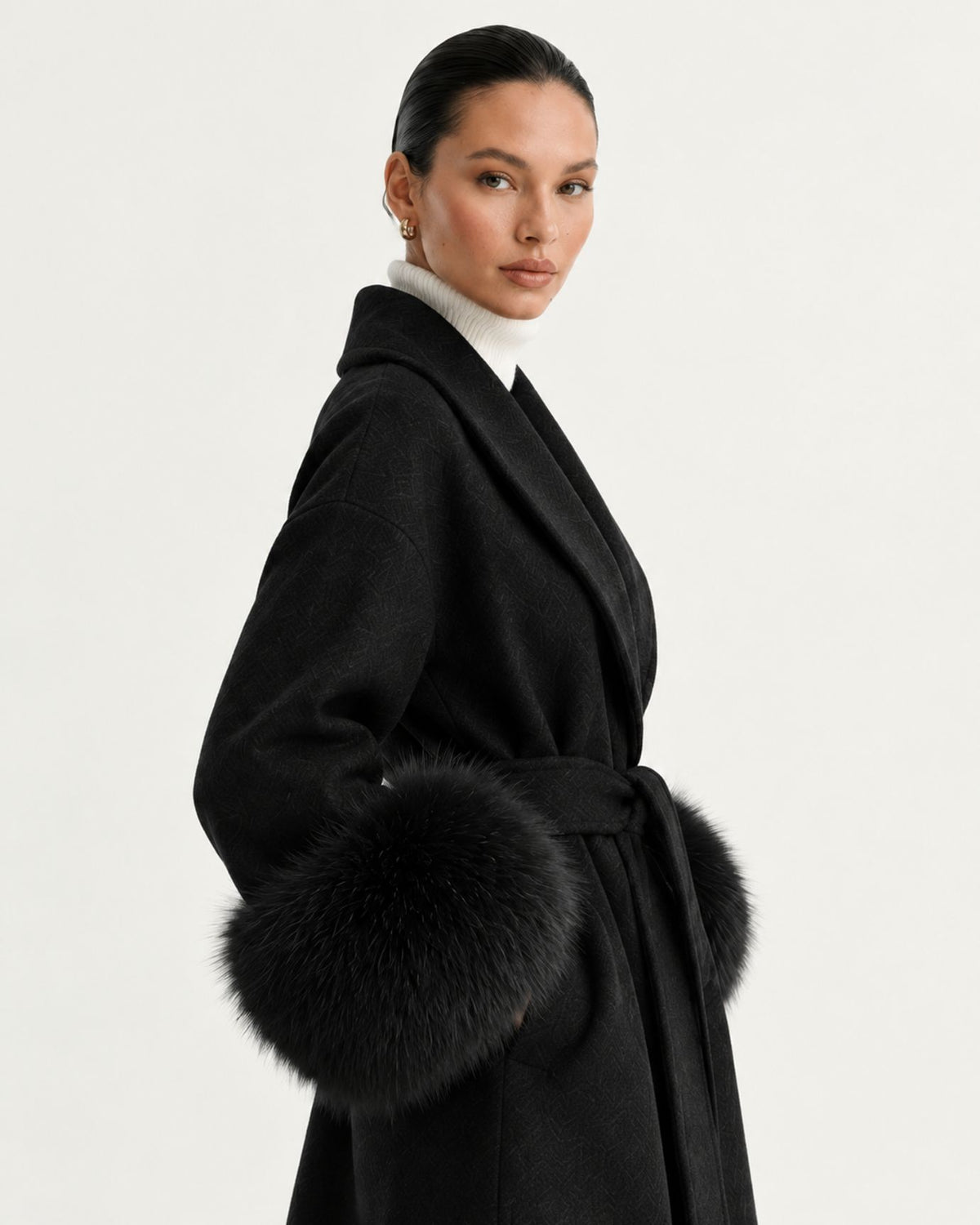 Divina Belted Double-Faced Wool Coat with Fox Fur Cuffs