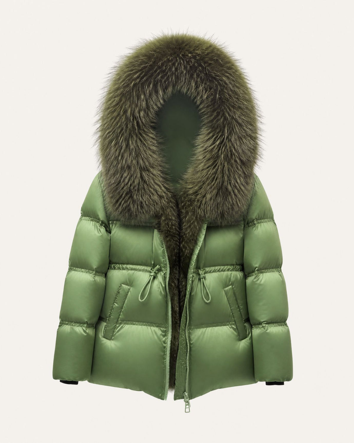 Belted Goose Down Coat with Detachable Fox Fur Collar