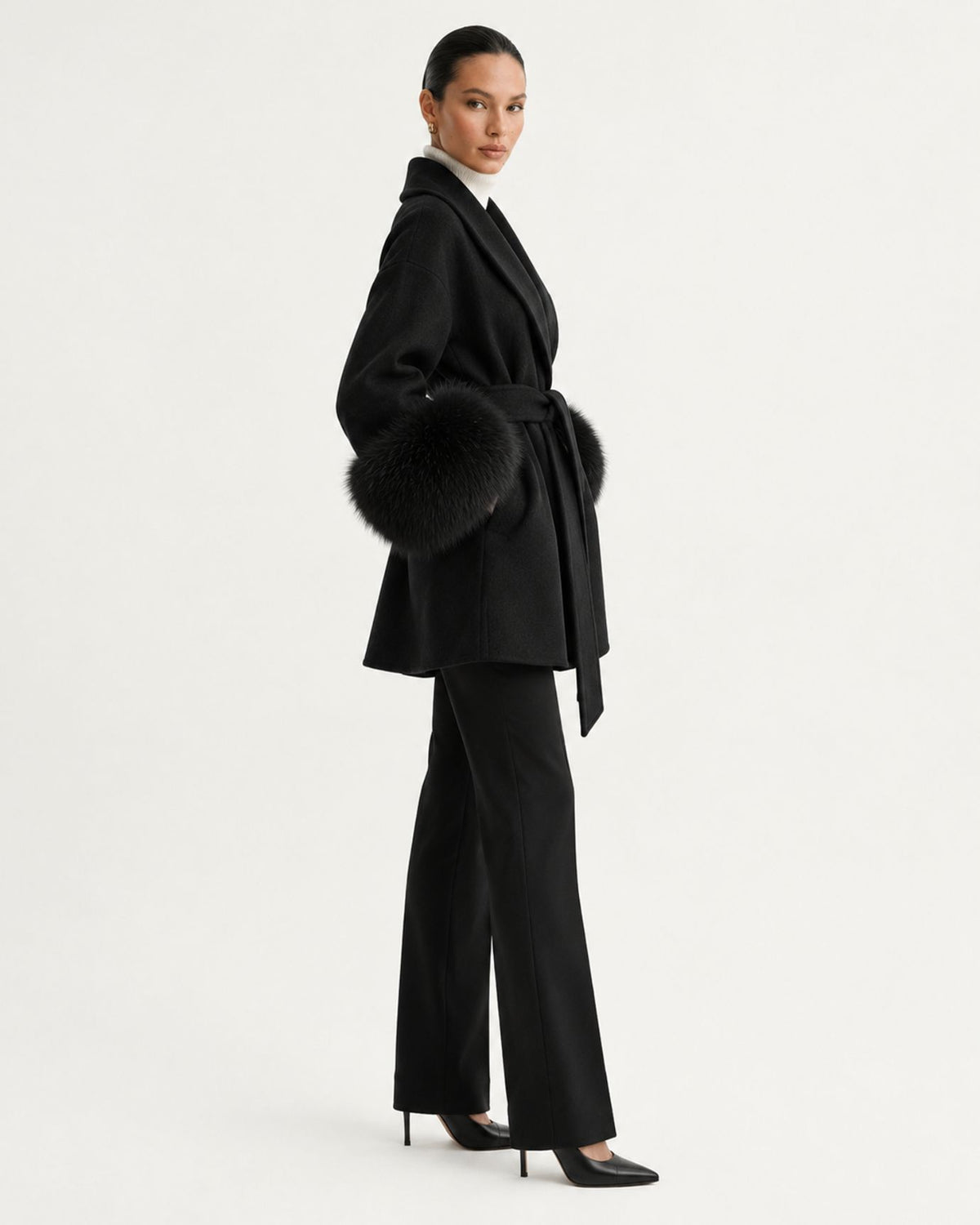 Divina Belted Double-Faced Wool Coat with Fox Fur Cuffs