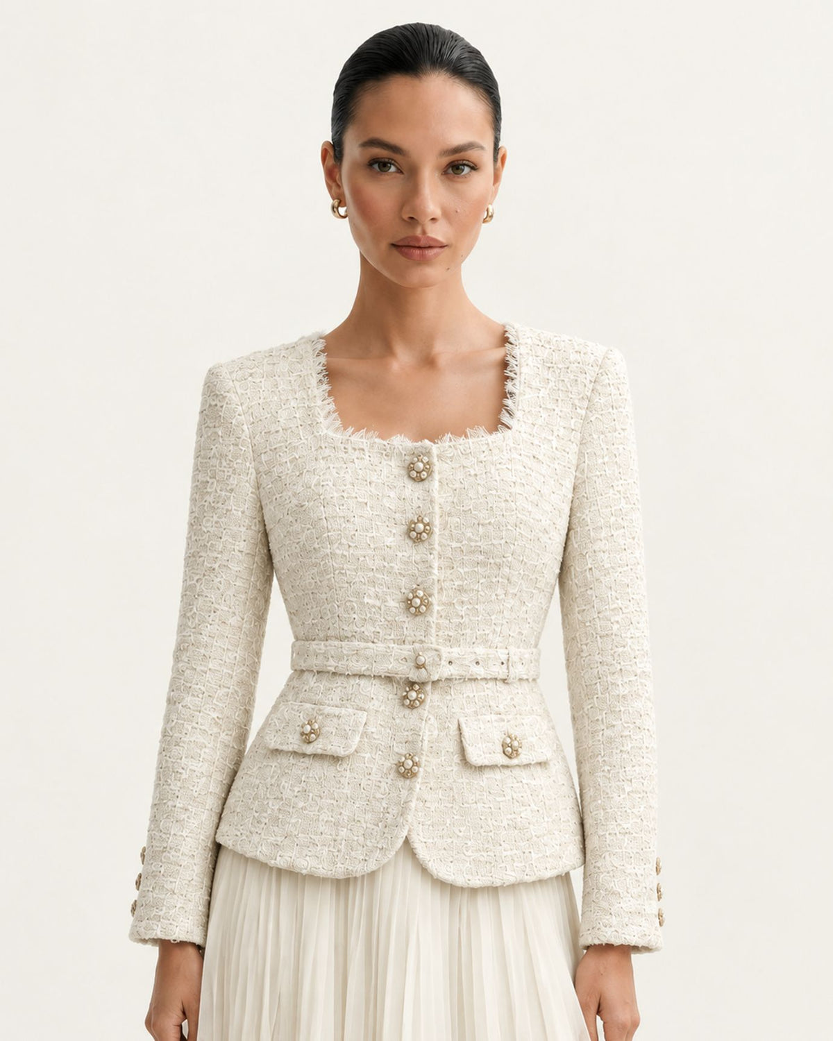 Beige Tweed and Chiffon Pleated Skirt Set