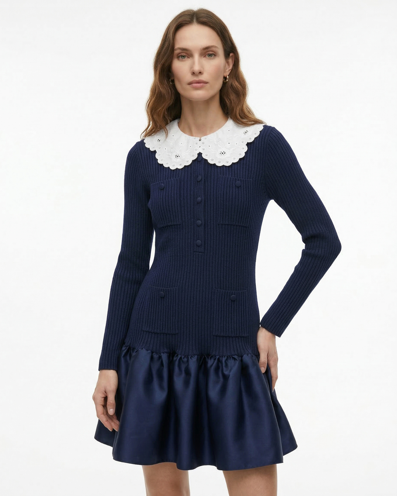 Candie Knit Dress Embroidered Lapel Ruffled Skirt