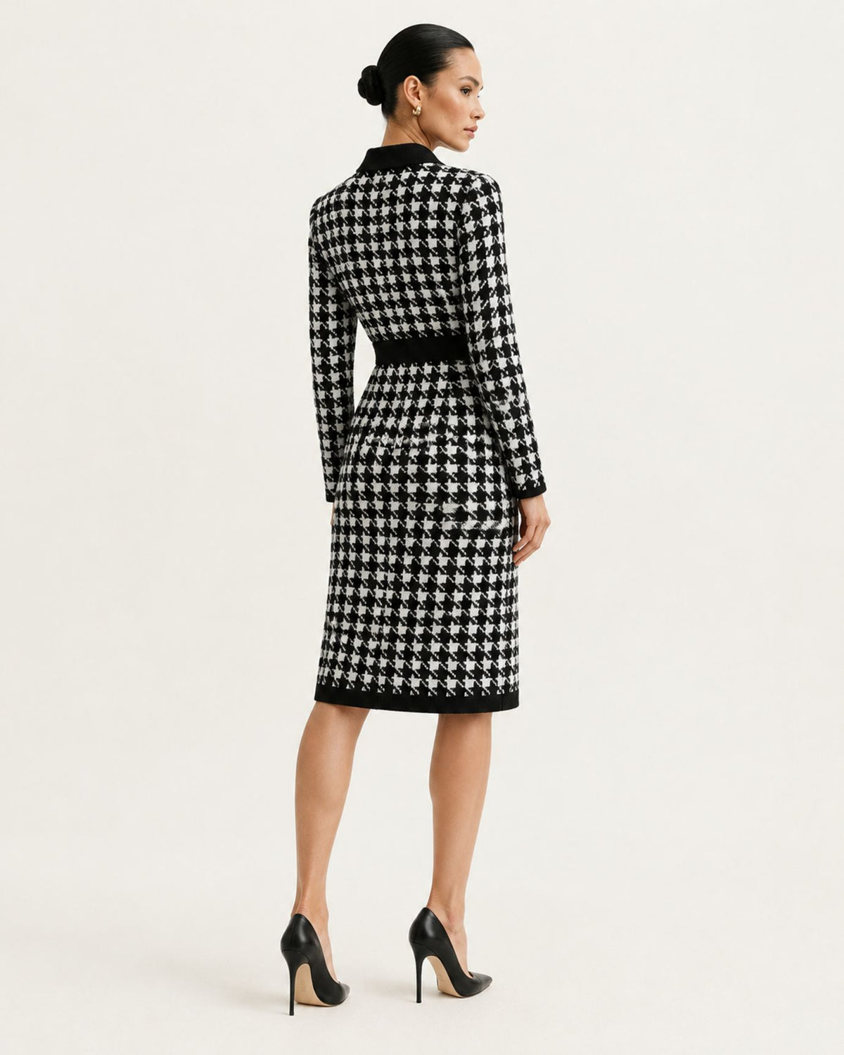 Divina Houndstooth Long-Sleeve A-Line Dress