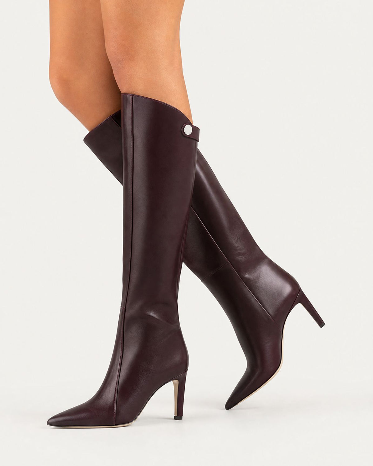 Pointed-Toe Straight-Shaft High-Heel Leather Boots