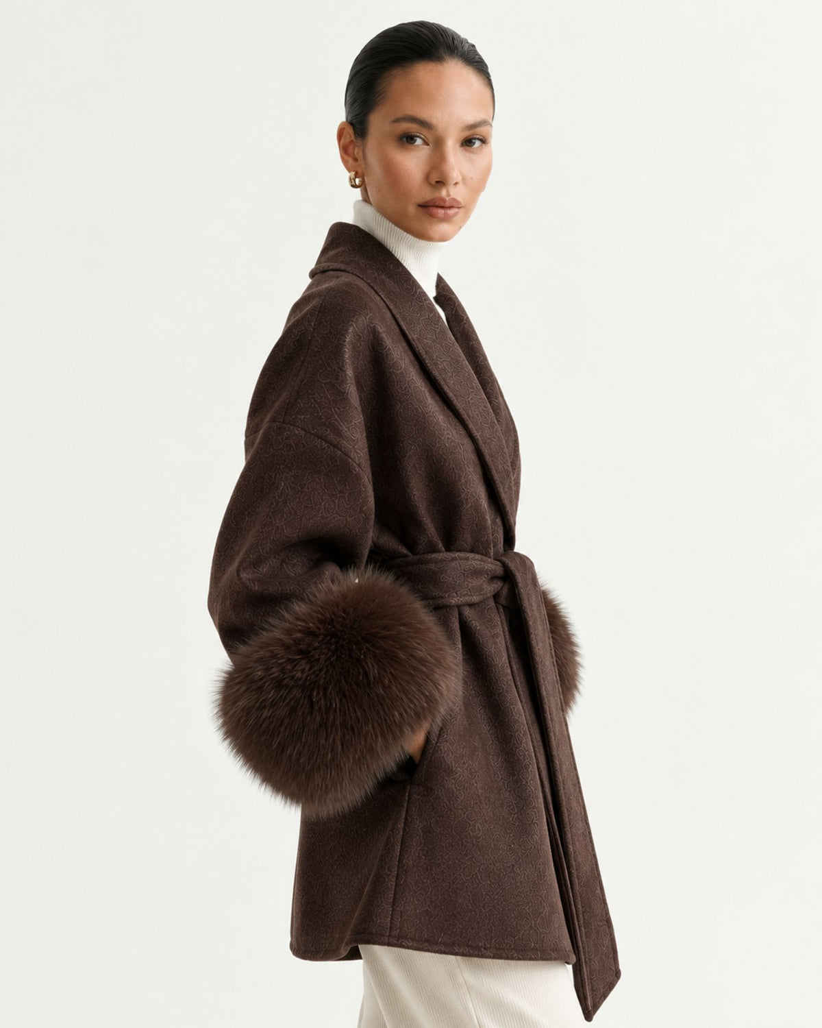 Divina Belted Double-Faced Wool Coat with Fox Fur Cuffs