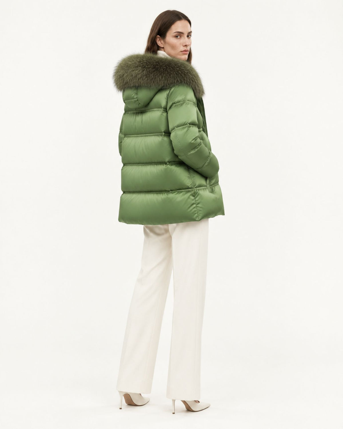 Belted Goose Down Coat with Detachable Fox Fur Collar