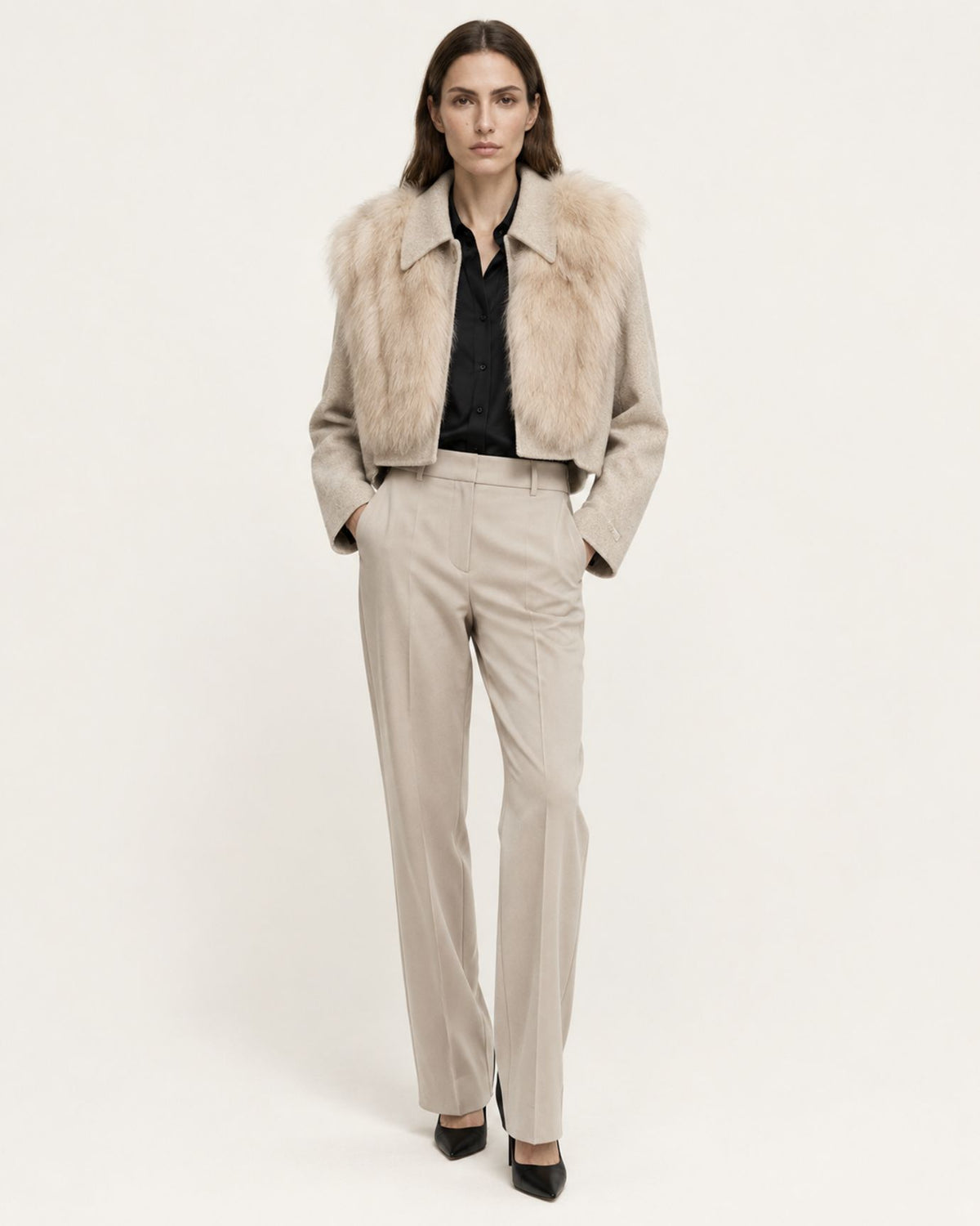 Short Double-Faced Wool Coat with Fox Fur Collar