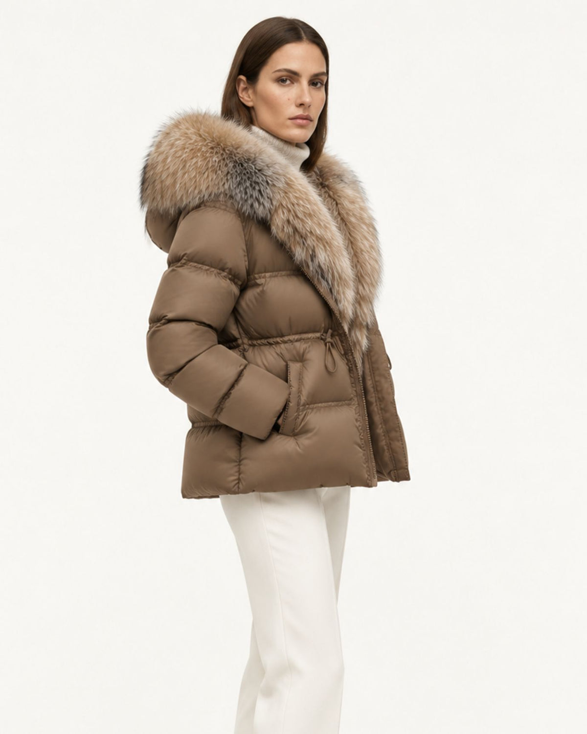 Belted Goose Down Coat with Detachable Fox Fur Collar