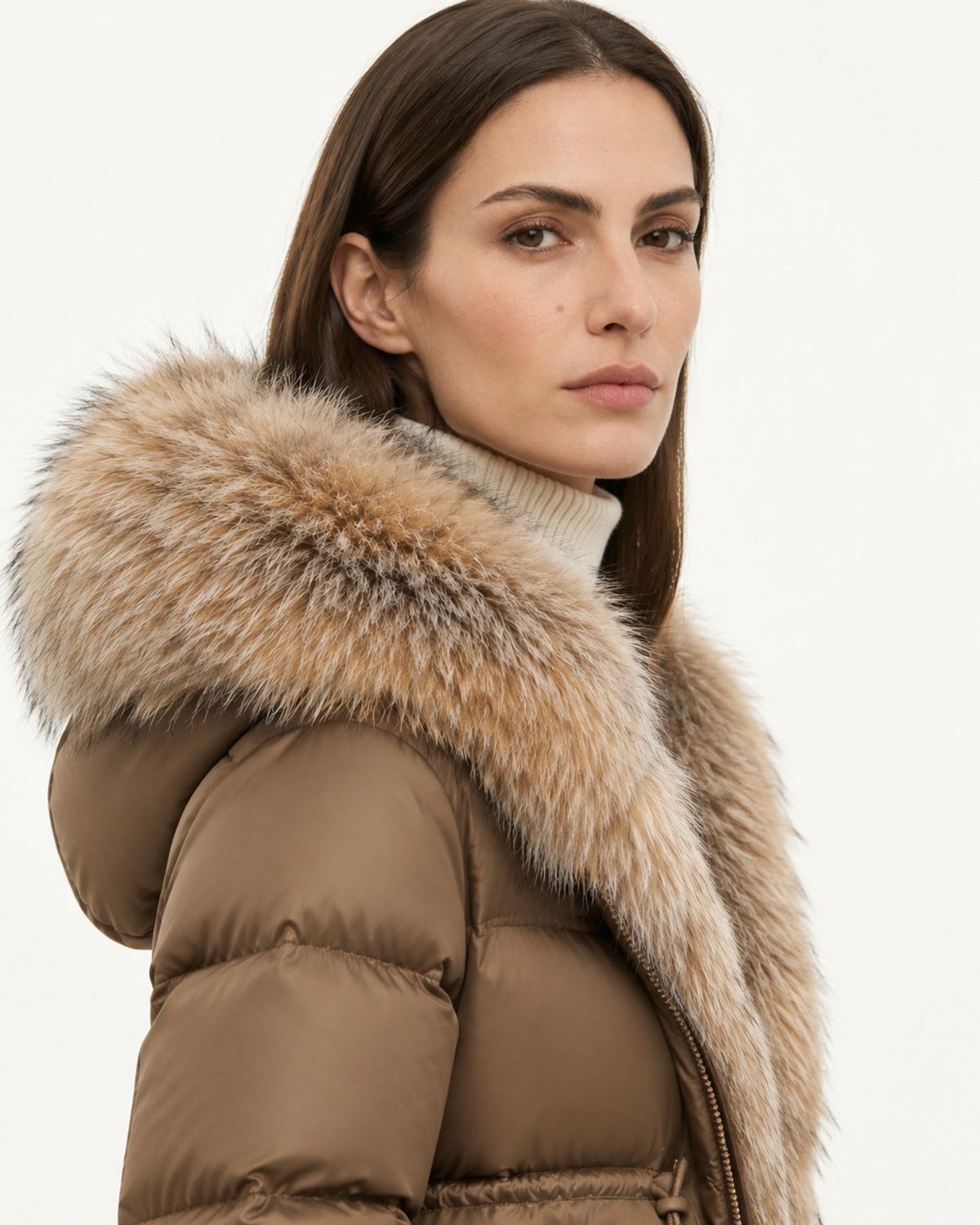 Belted Goose Down Coat with Detachable Fox Fur Collar