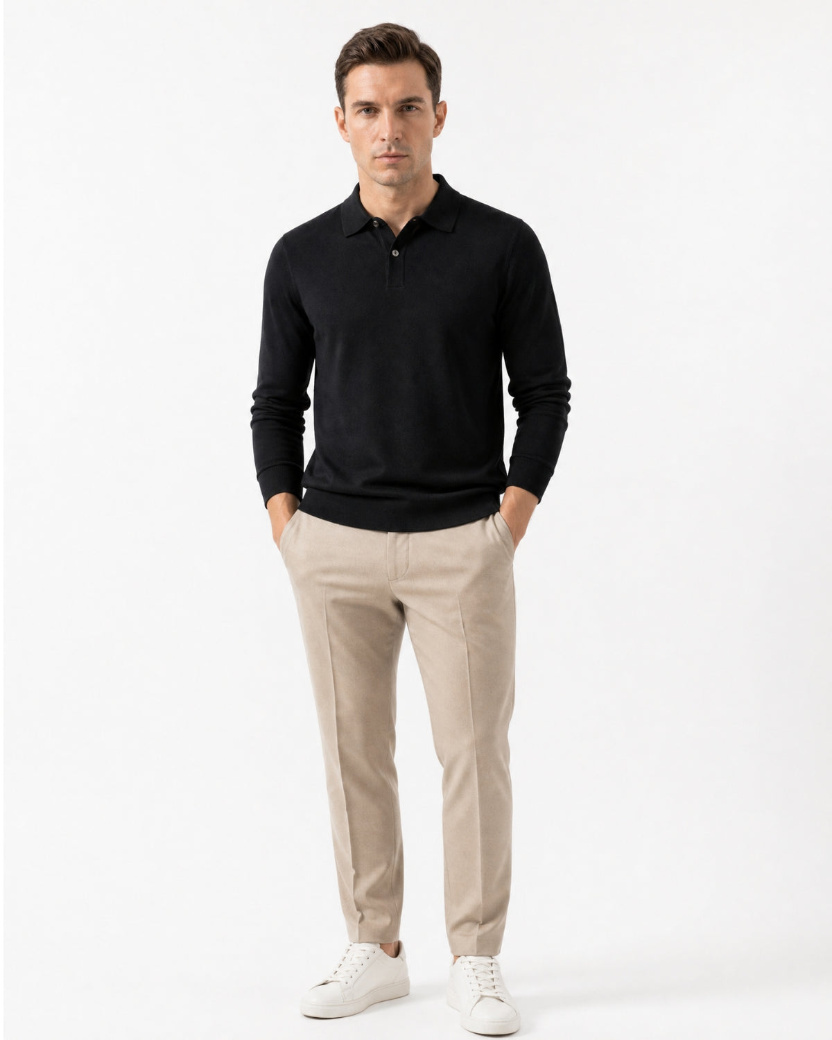 Worsted Merino Wool Long-Sleeve Polo Sweater