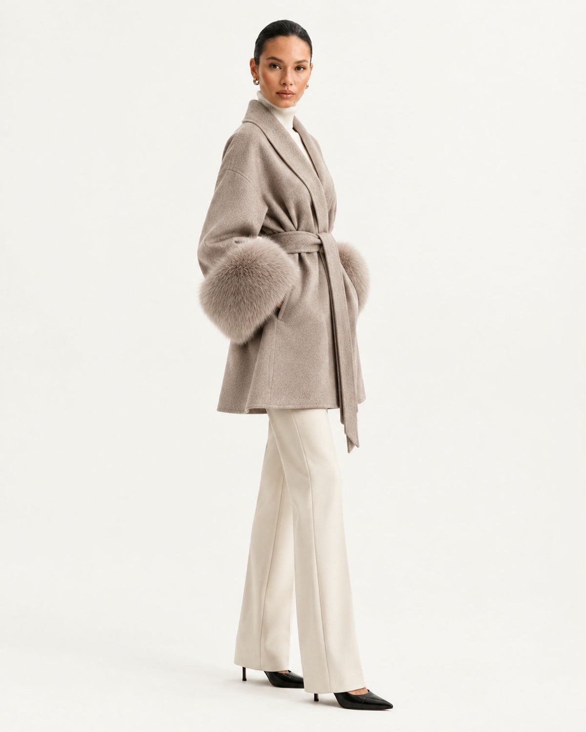 Divina Belted Double-Faced Wool Coat with Fox Fur Cuffs