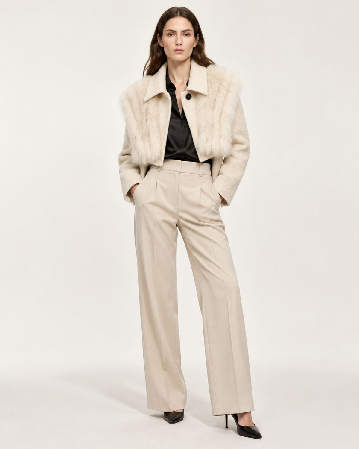Short Double-Faced Wool Coat with Fox Fur Collar