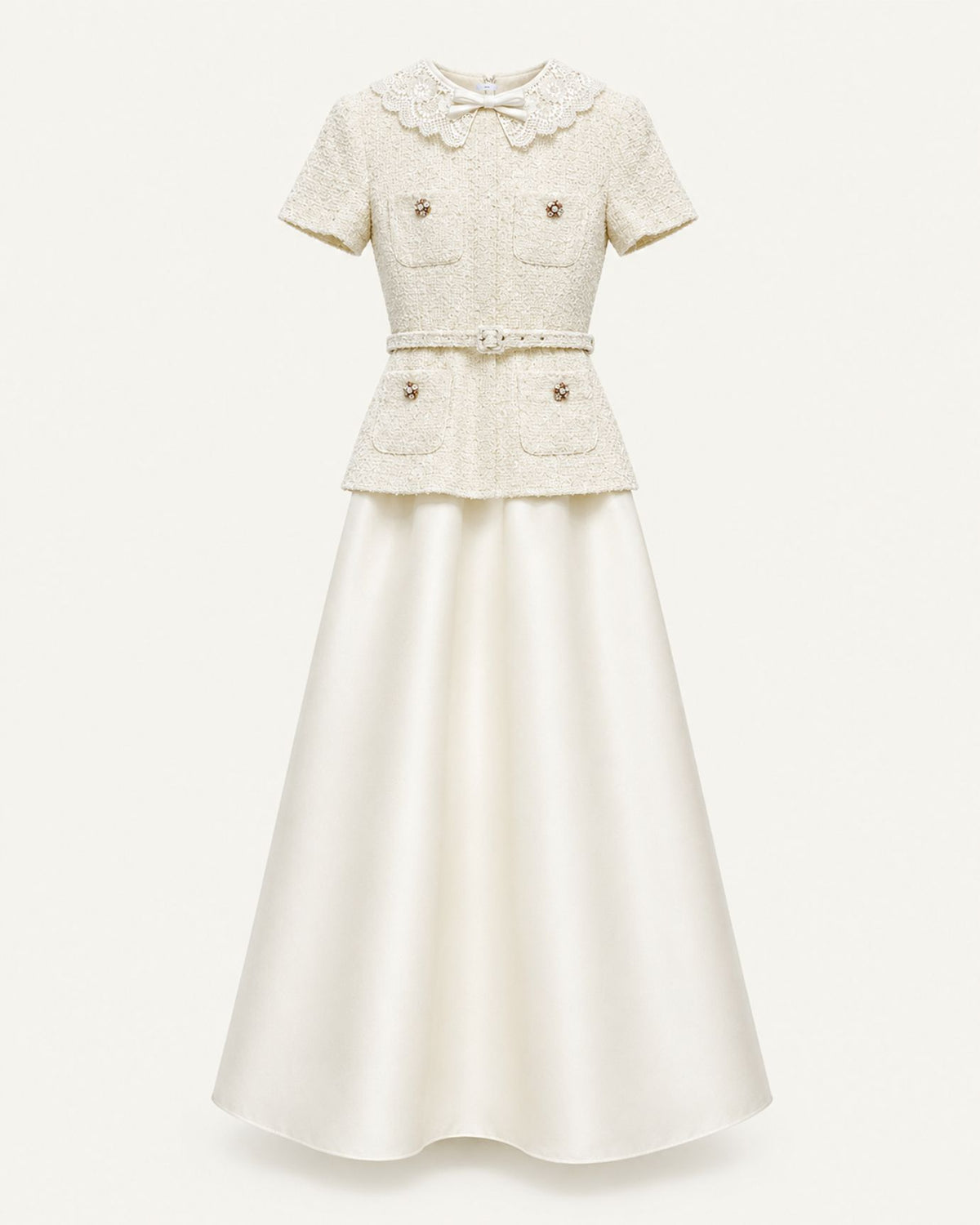 Cinched-Waist Off-White Peter Pan Collar Dress