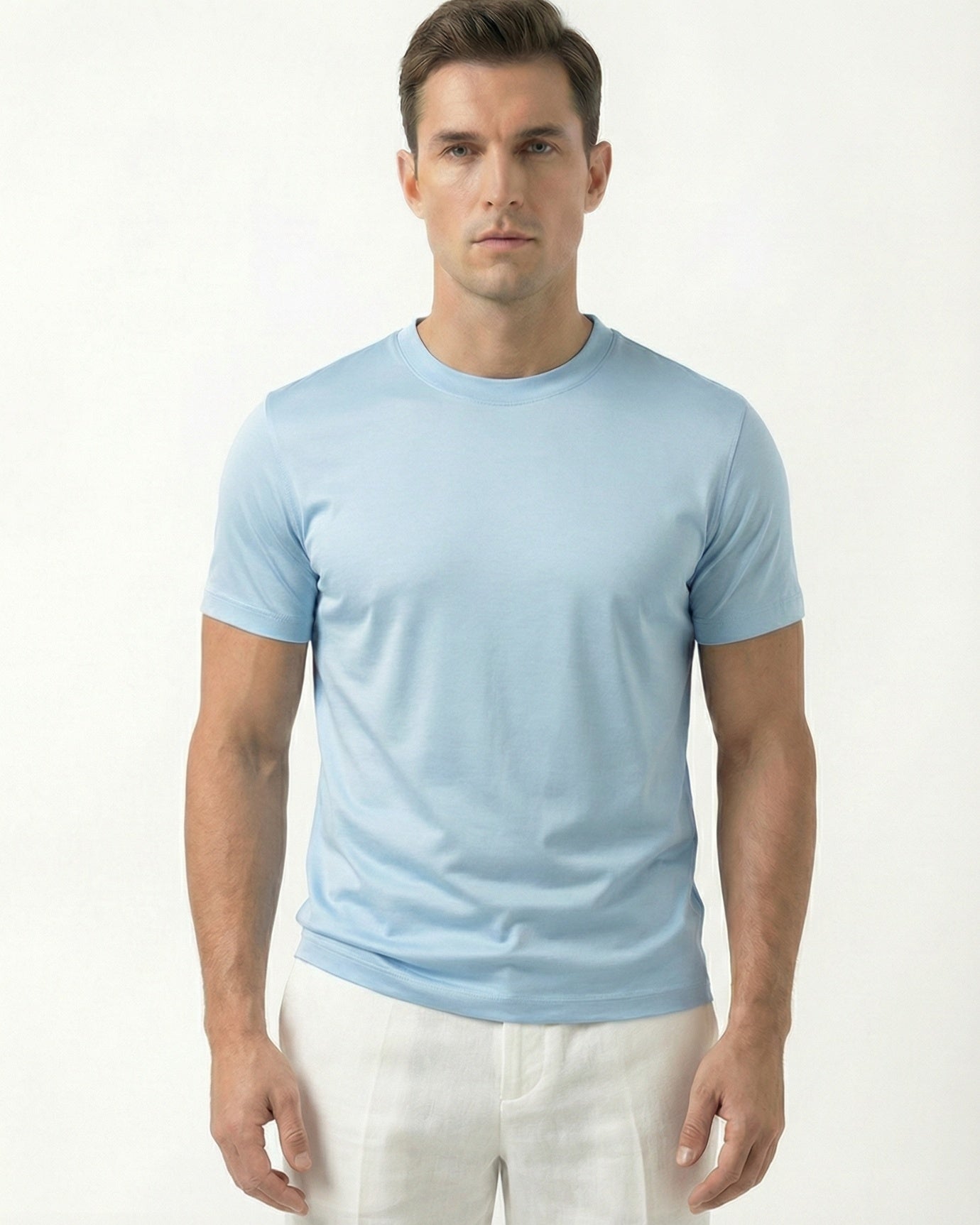 High-Count Light Blue Mercerized Cotton Round Neck Breathable T-Shirt