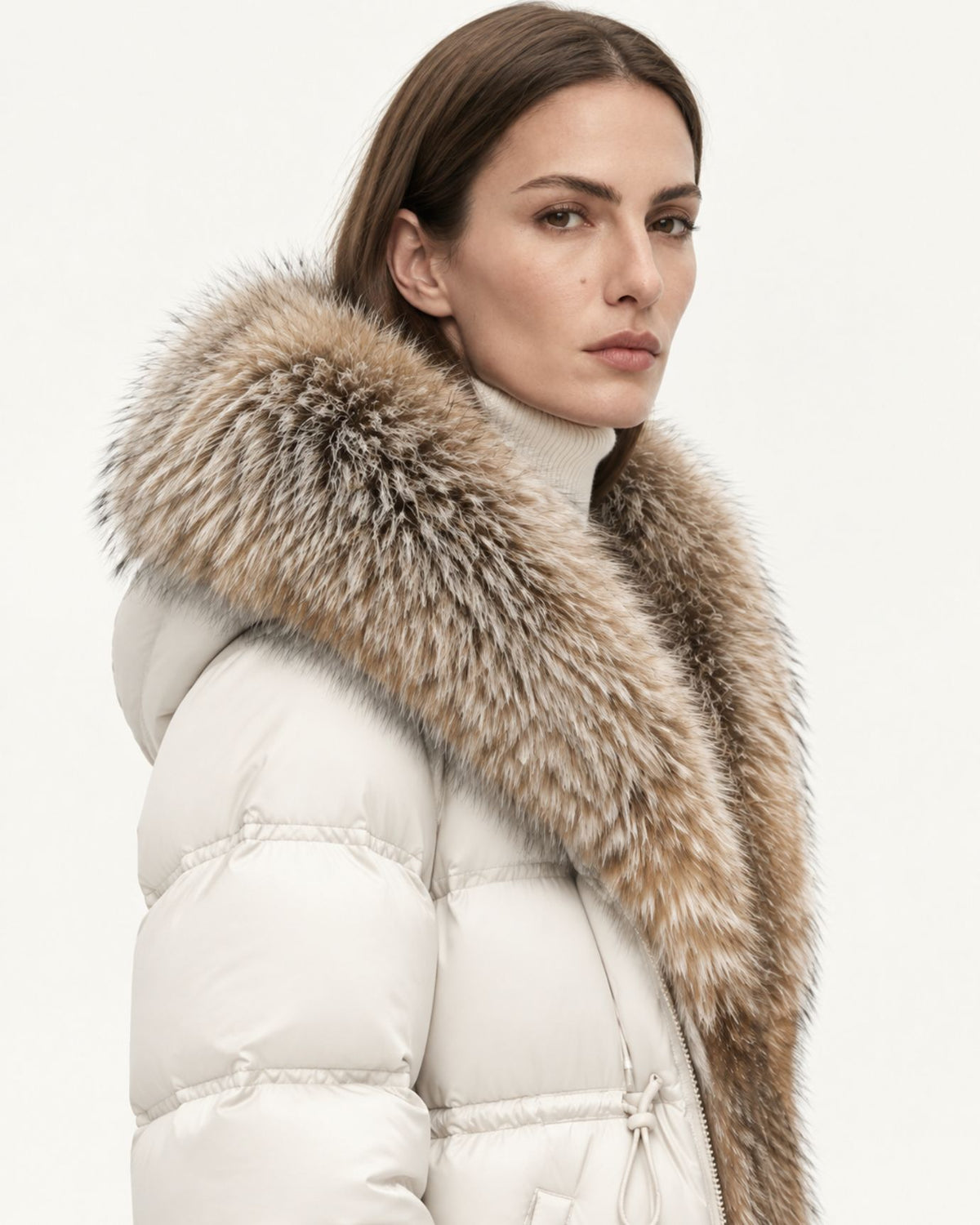 Belted Goose Down Coat with Detachable Fox Fur Collar
