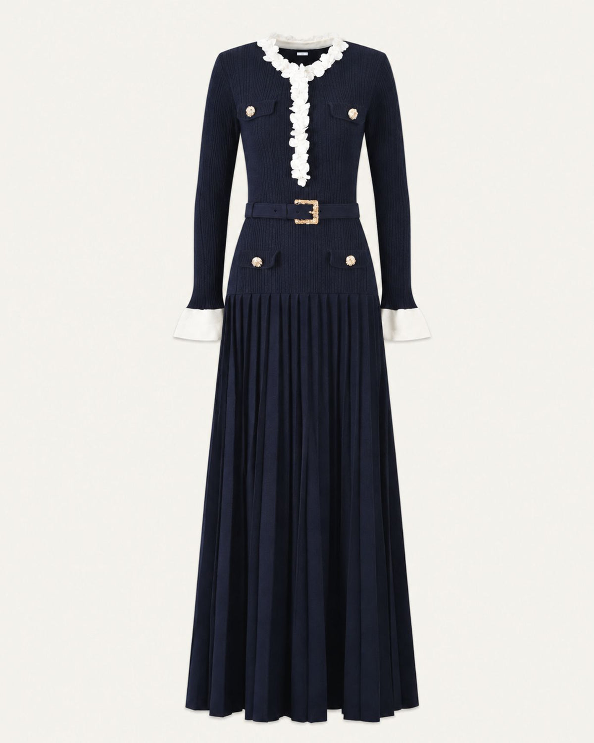 Long-Sleeve Navy Blue Midi Knit Dress with Floral Trim & Belt