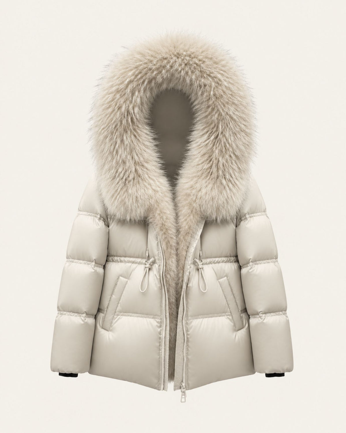 Belted Goose Down Coat with Detachable Fox Fur Collar