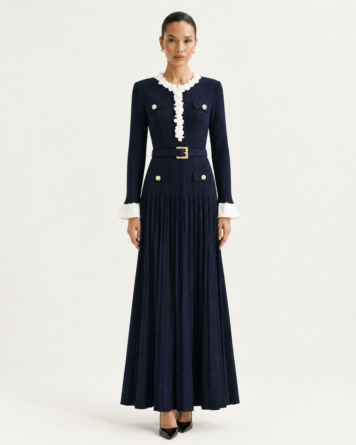 Long-Sleeve Navy Blue Midi Knit Dress with Floral Trim & Belt