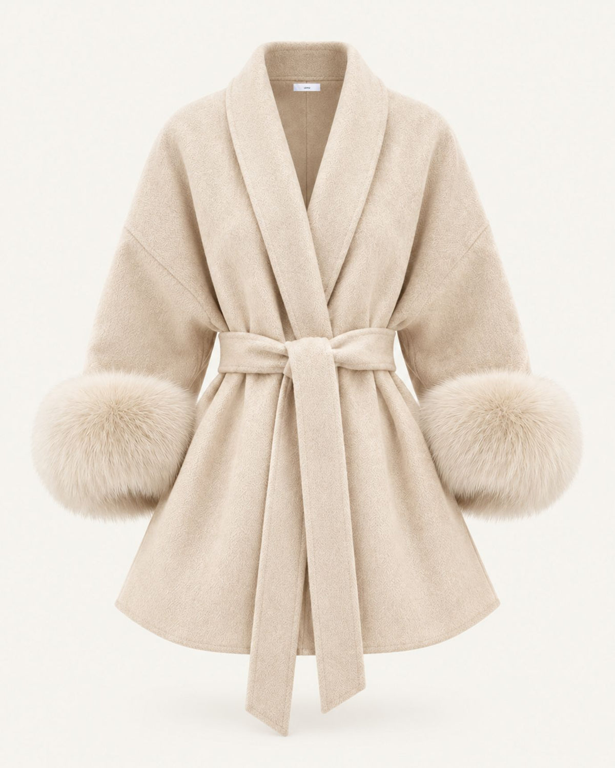Divina Belted Double-Faced Wool Coat with Fox Fur Cuffs