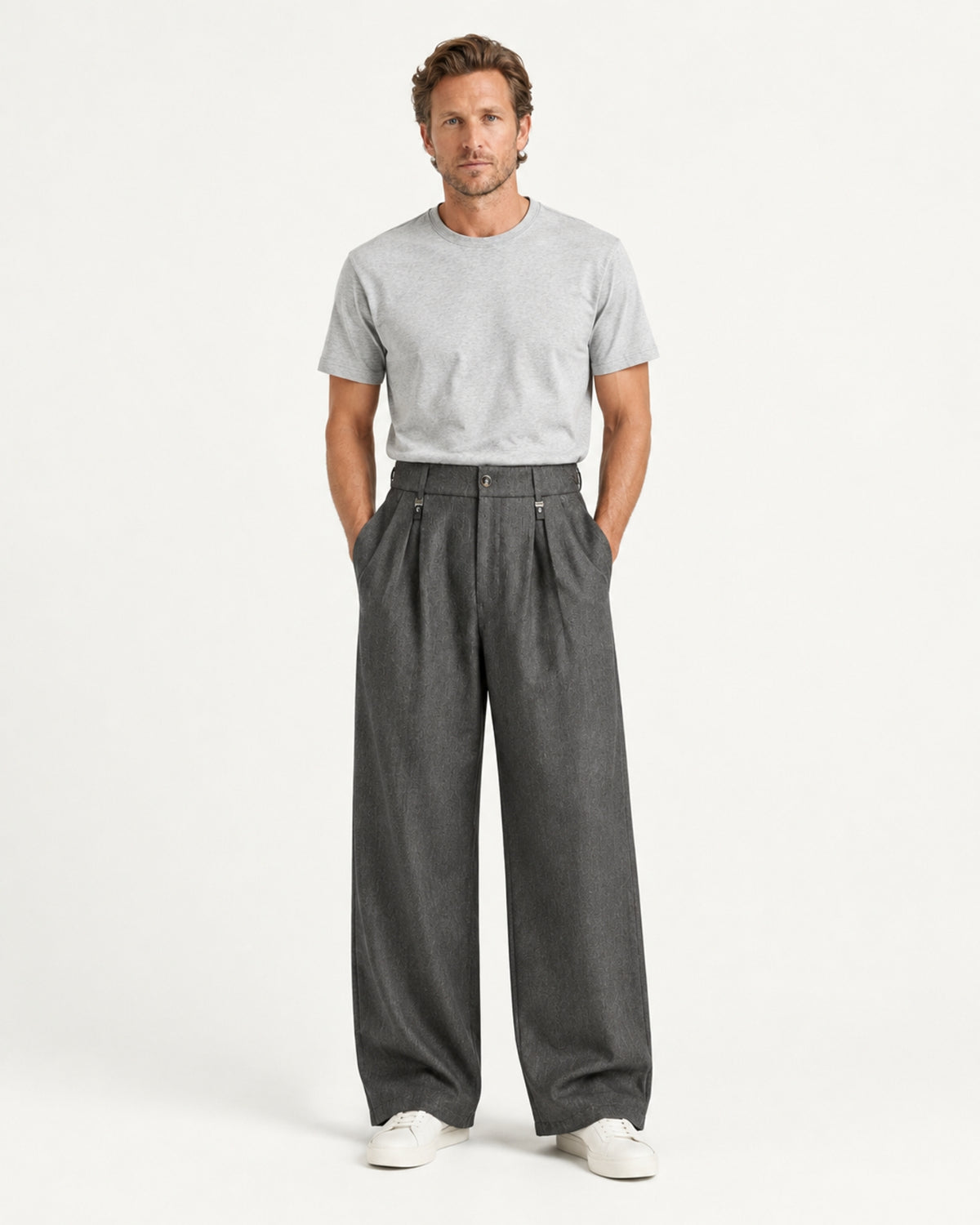 Pleated Barrel-Leg Straight Trousers