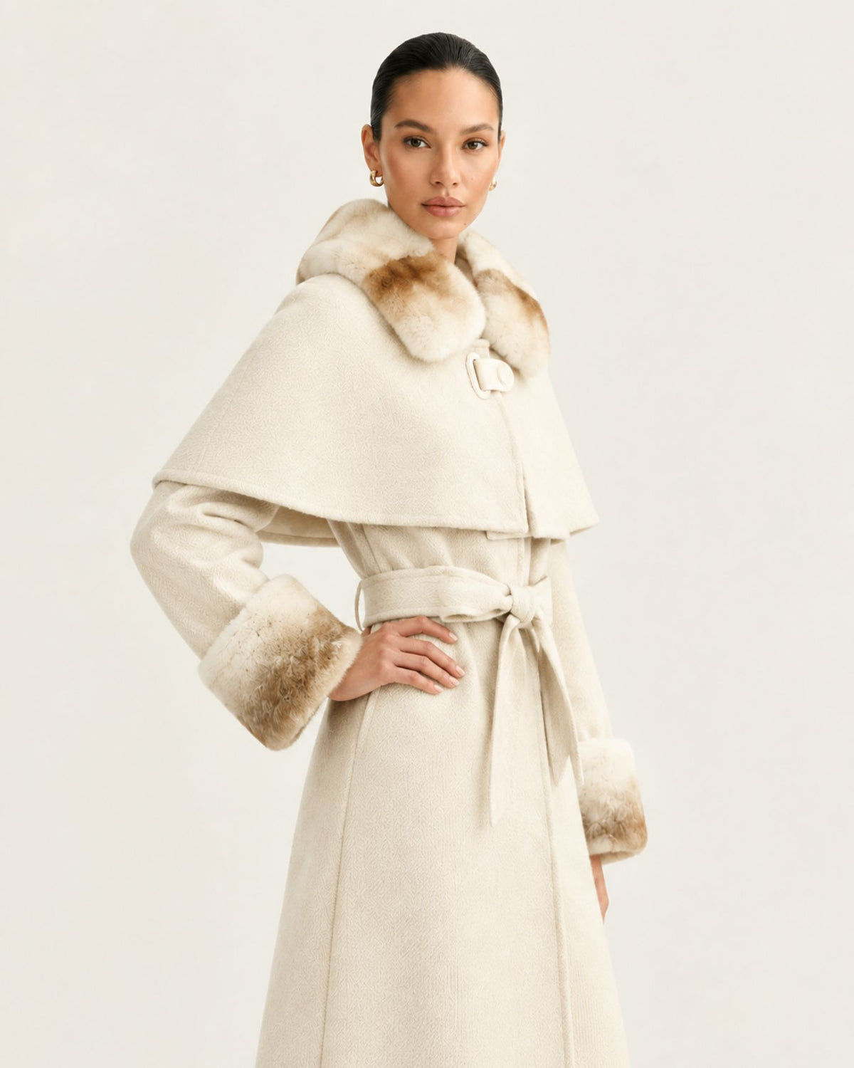 Long Double-Faced Wool Cape with Rex Rabbit Fur Collar