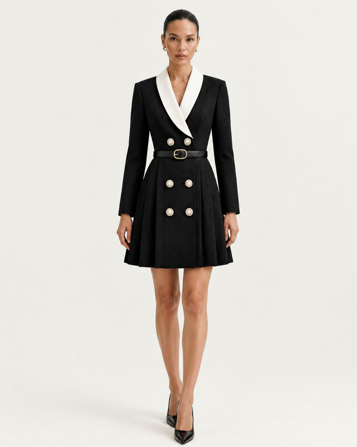 Black Double-Breasted Pleated Suit Dress