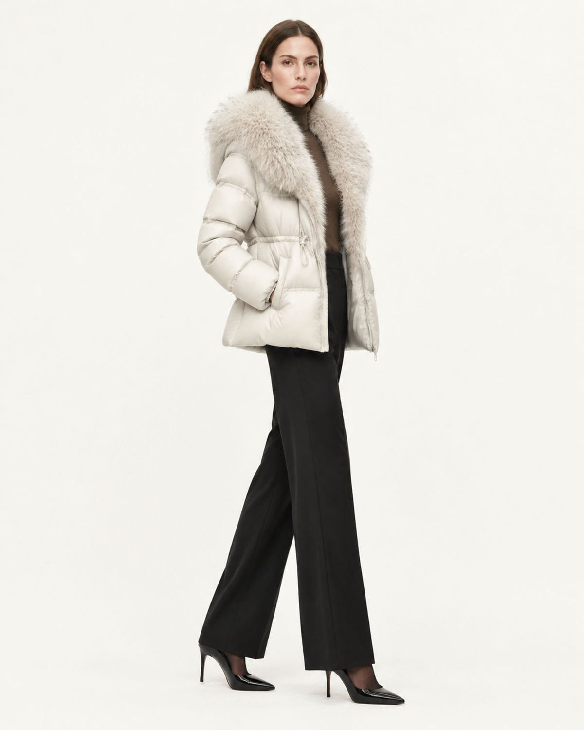 Belted Goose Down Coat with Detachable Fox Fur Collar