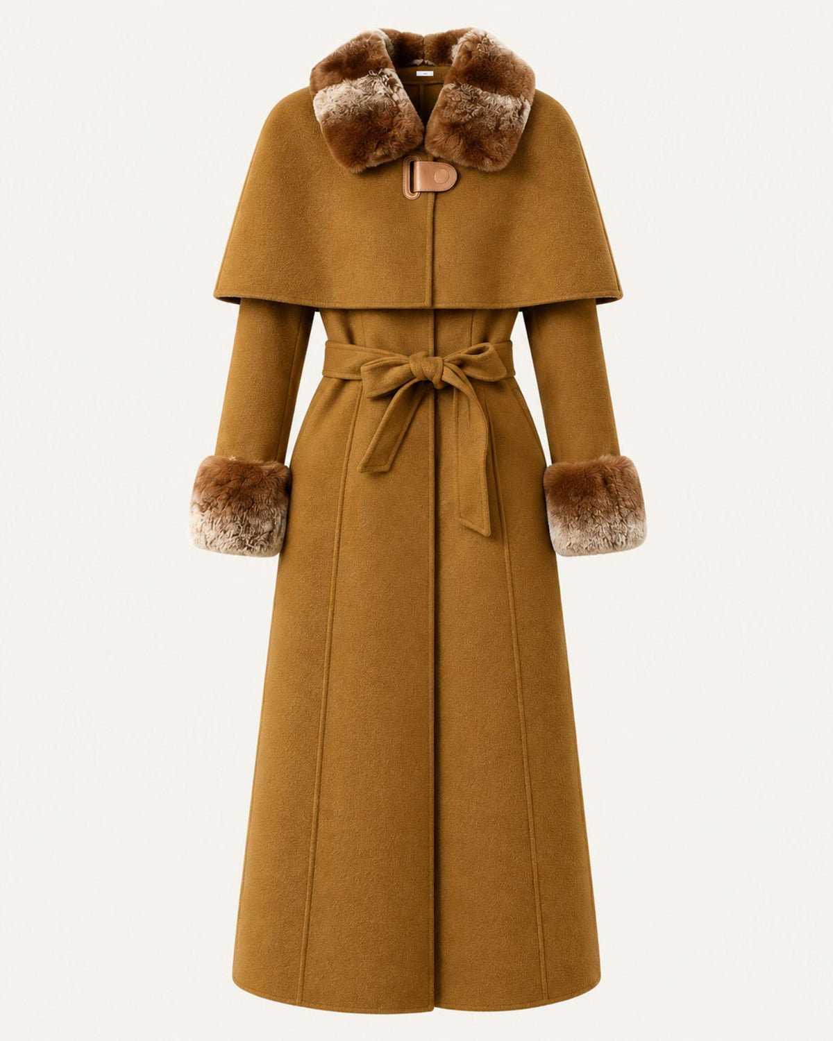 Long Double-Faced Wool Cape with Rex Rabbit Fur Collar