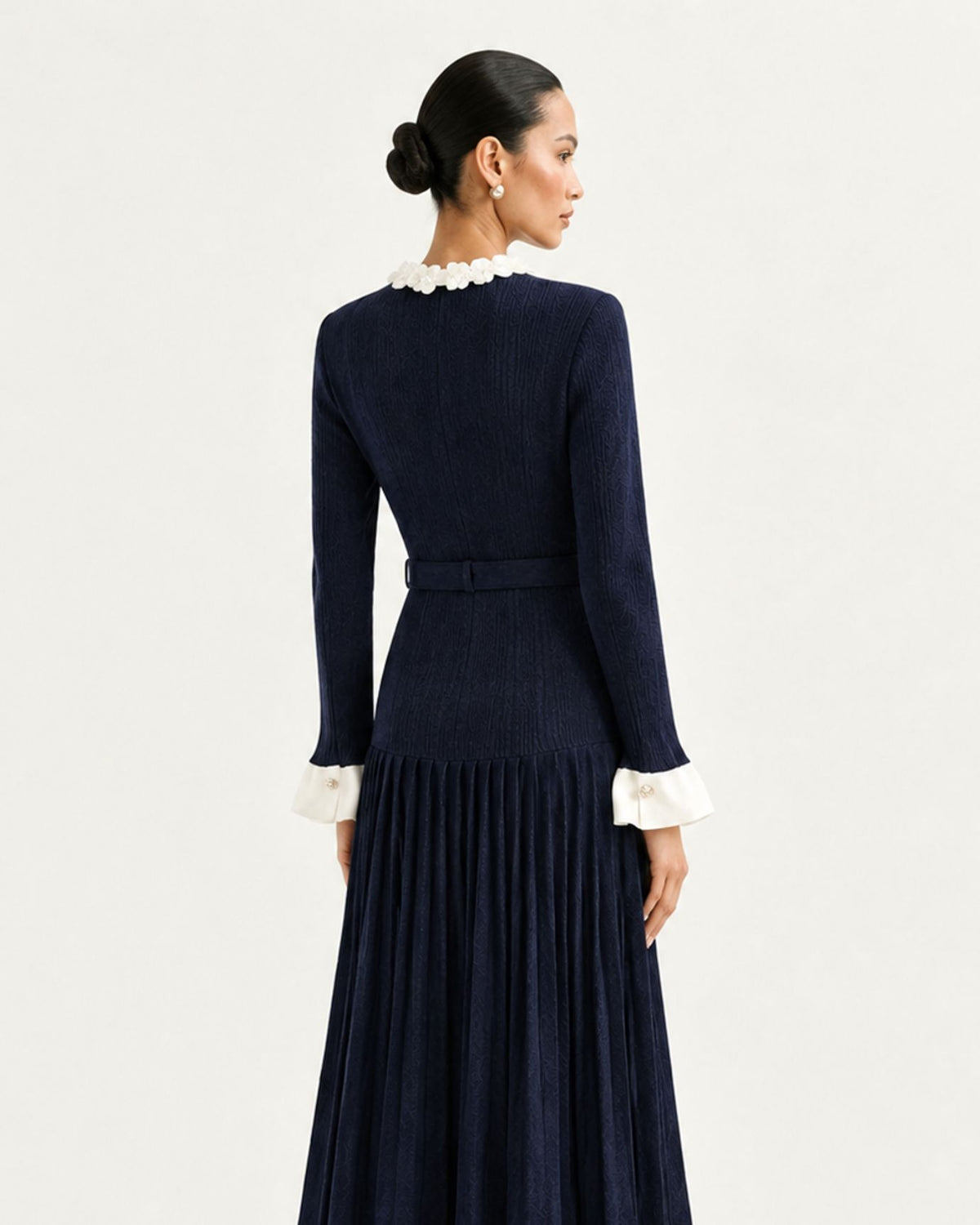 Long-Sleeve Navy Blue Midi Knit Dress with Floral Trim & Belt
