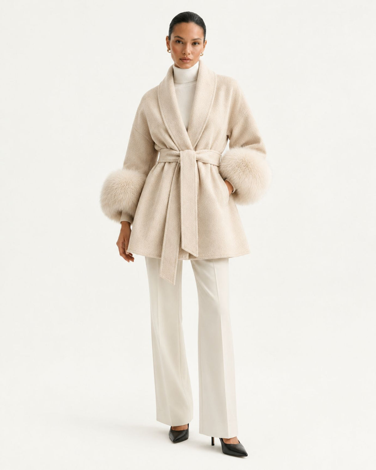 Divina Belted Double-Faced Wool Coat with Fox Fur Cuffs
