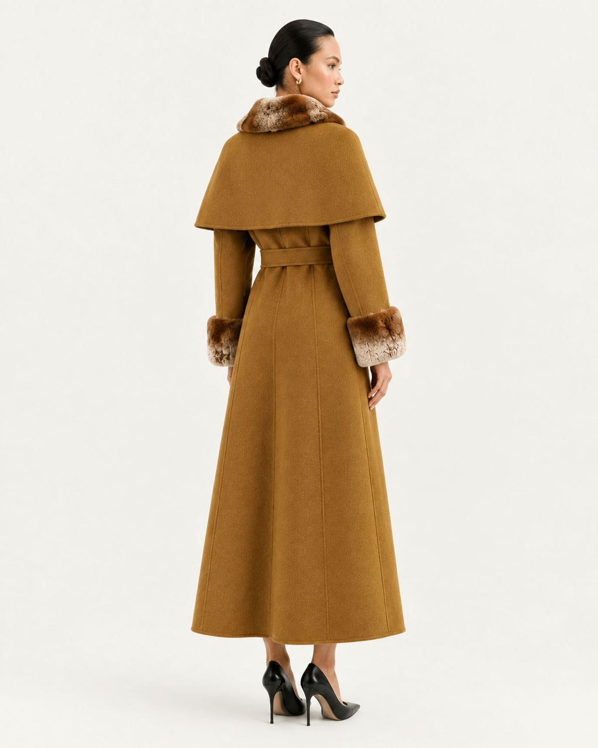 Long Double-Faced Wool Cape with Rex Rabbit Fur Collar