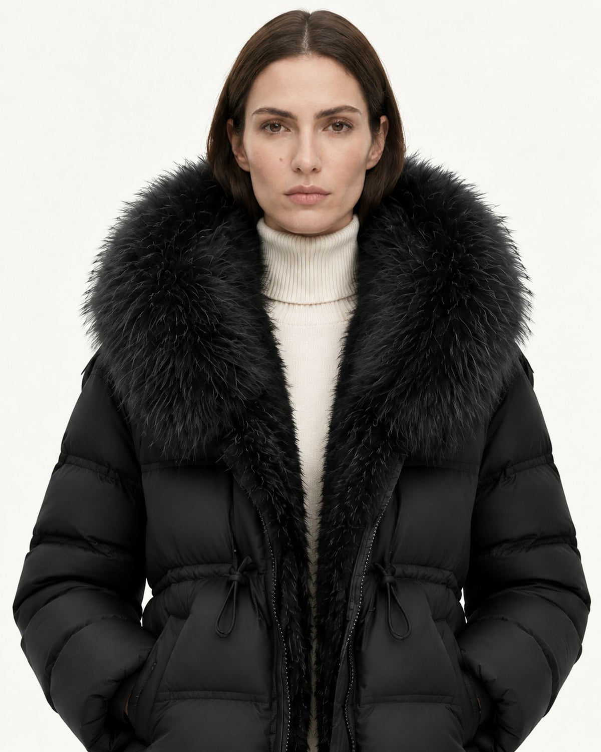 Belted Goose Down Coat with Detachable Fox Fur Collar