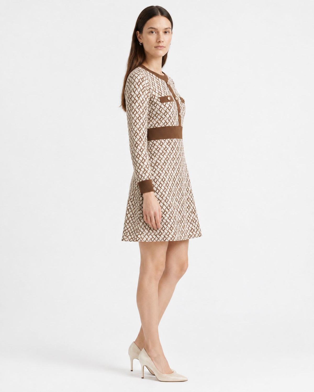 Zira Round-Neck Contrast Jacquard Knit Dress with Buckle Waist