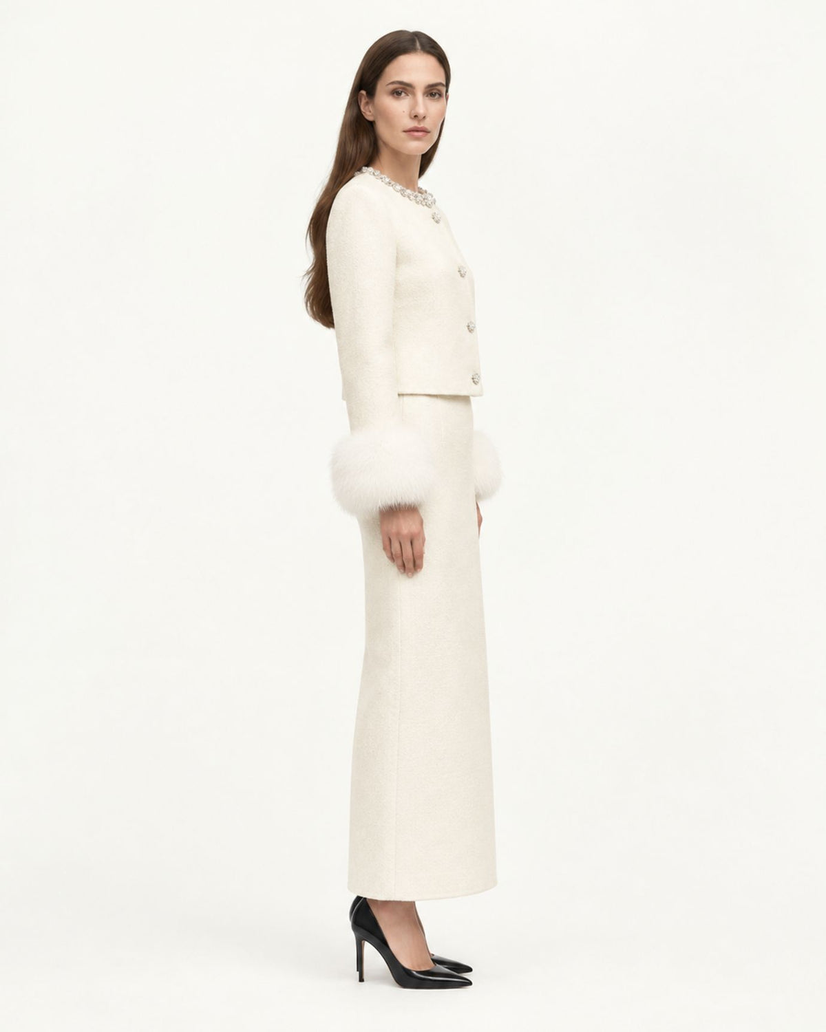 Diamond Cropped Double-Faced Wool Jacket and Skirt Set