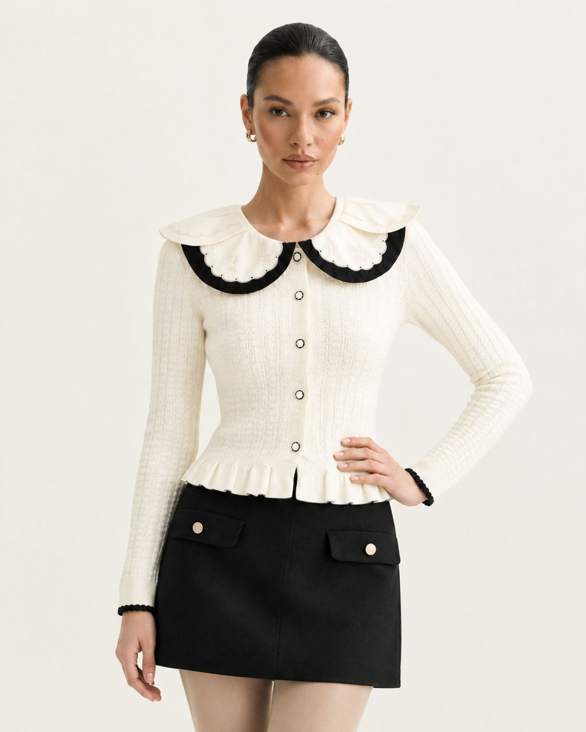 Slim-Fit Colorblock Cardigan with Embroidered Collar