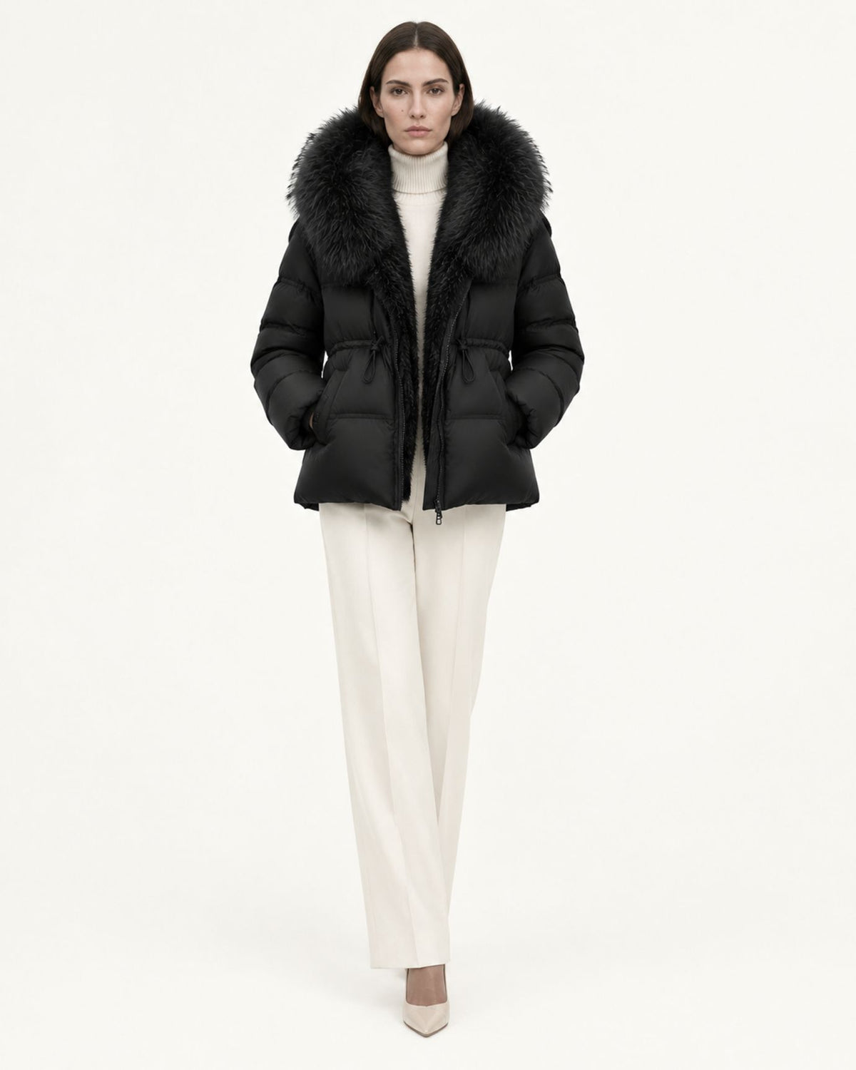 Belted Goose Down Coat with Detachable Fox Fur Collar