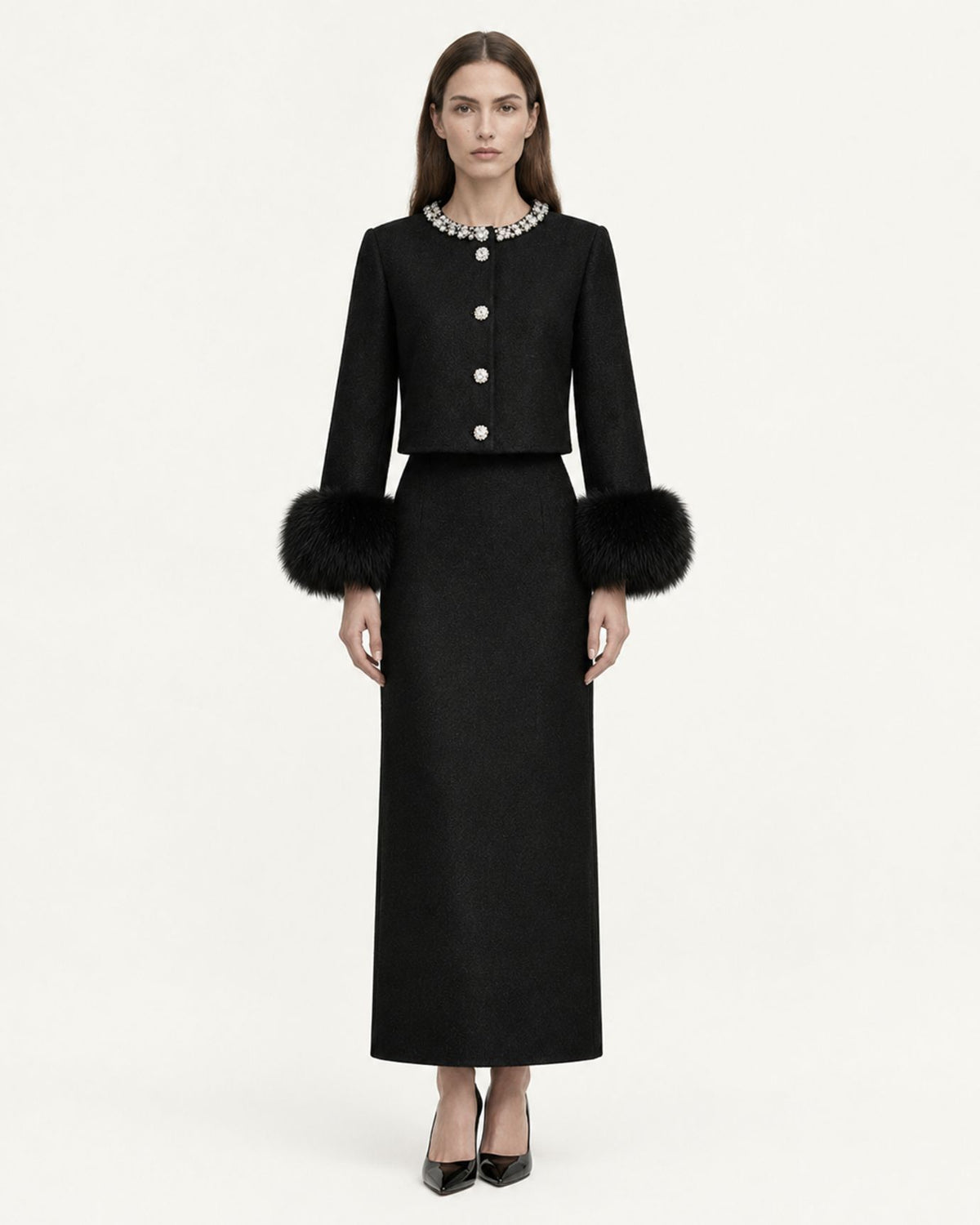 Diamond Cropped Double-Faced Wool Jacket and Skirt Set