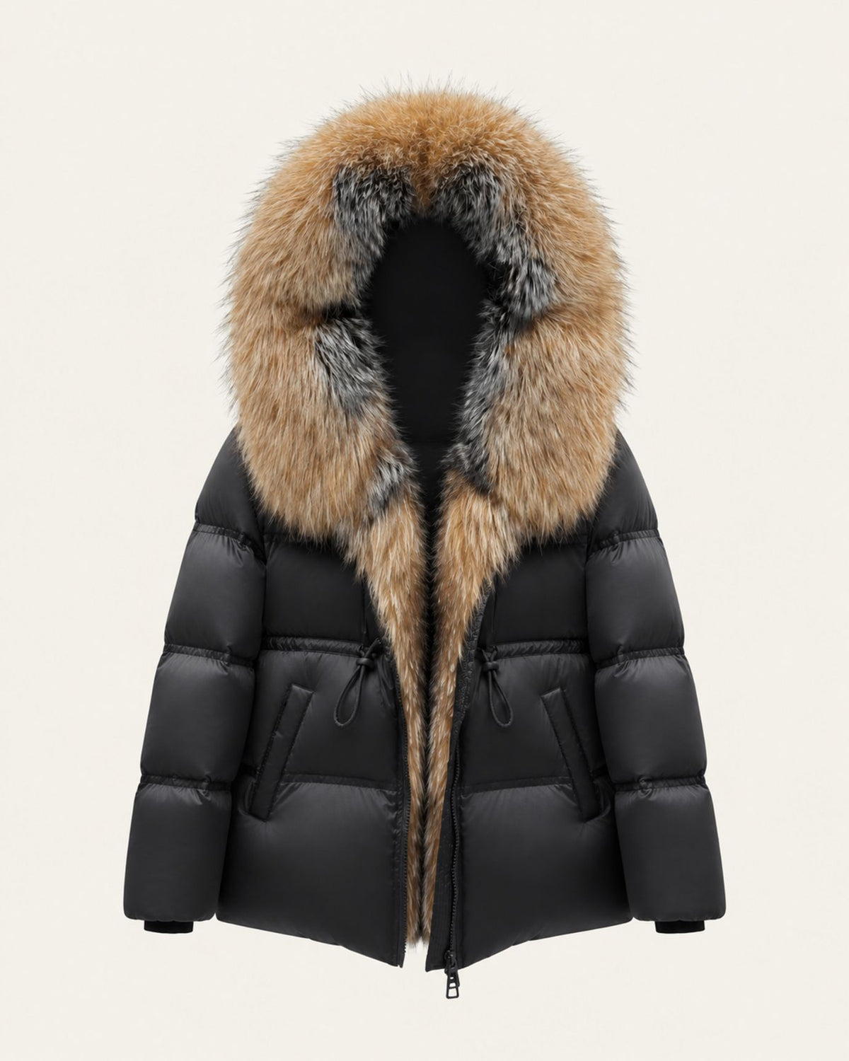 Belted Goose Down Coat with Detachable Fox Fur Collar