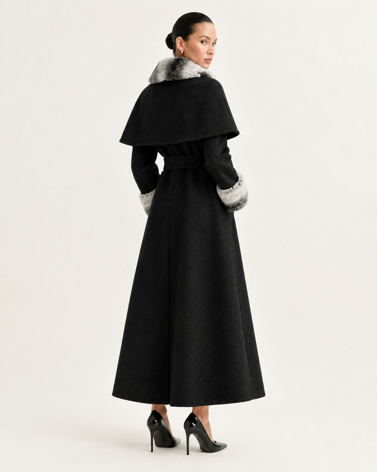 Long Double-Faced Wool Cape with Rex Rabbit Fur Collar