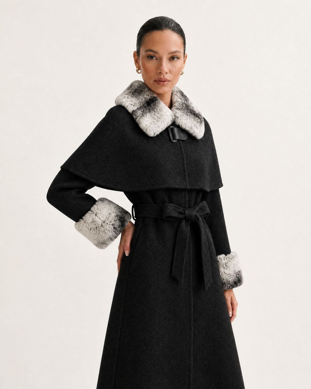 Long Double-Faced Wool Cape with Rex Rabbit Fur Collar