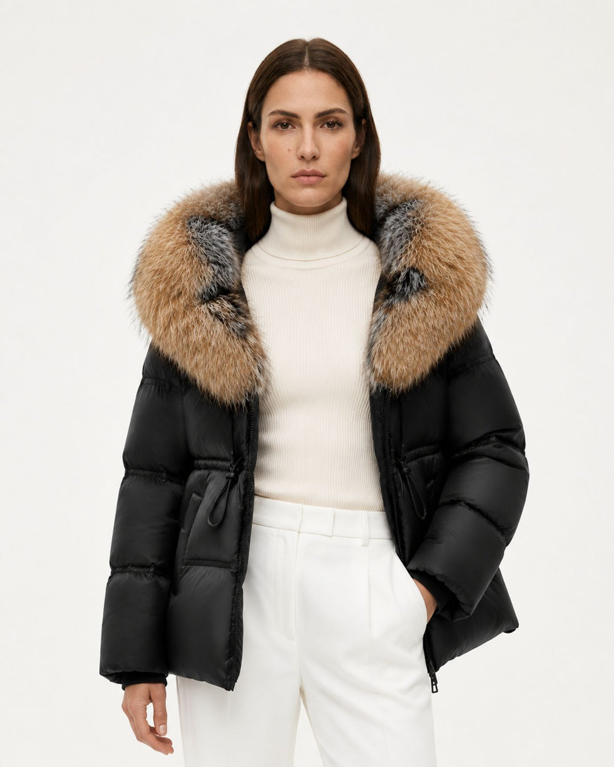 Belted Goose Down Coat with Detachable Fox Fur Collar