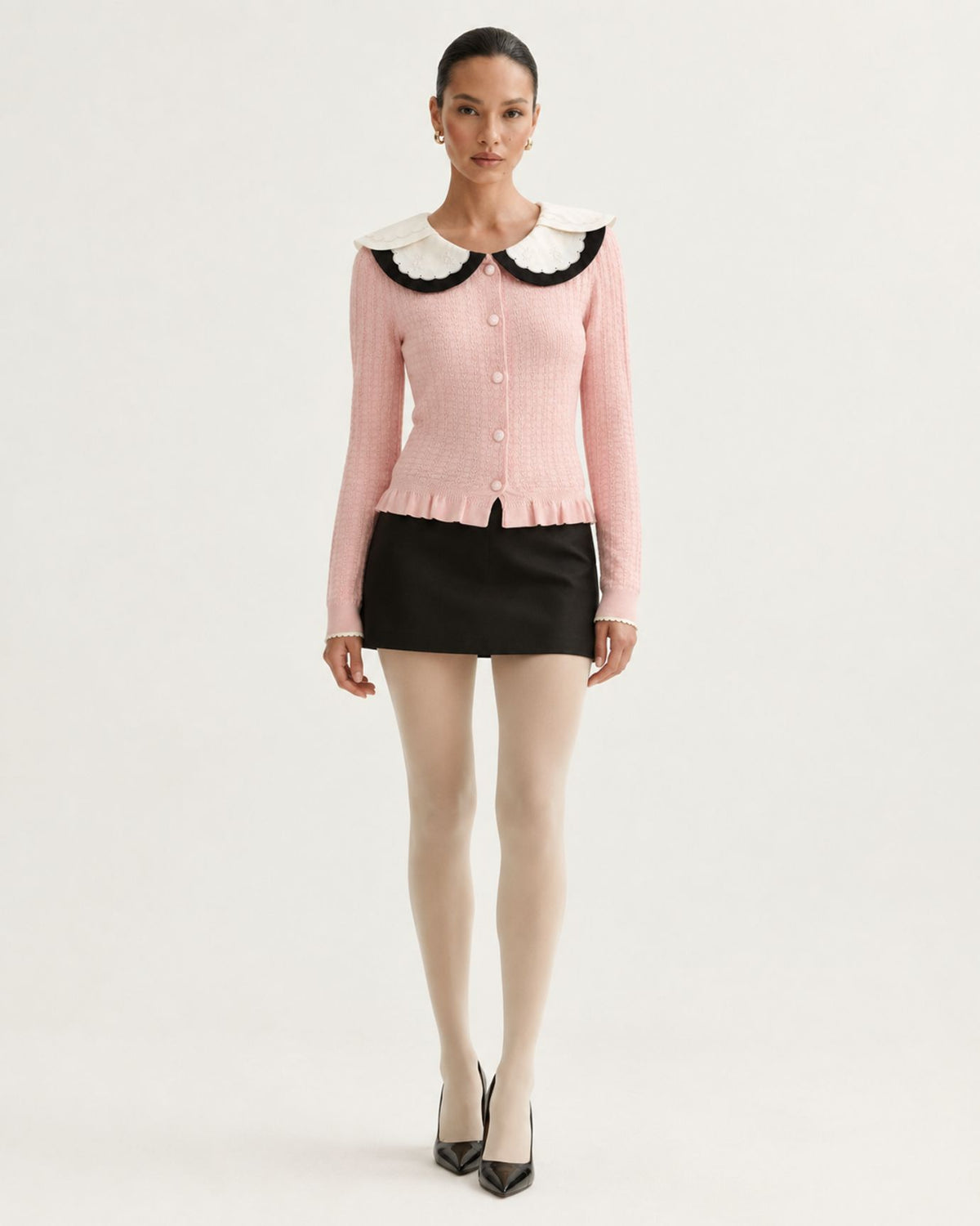 Slim-Fit Colorblock Cardigan with Embroidered Collar