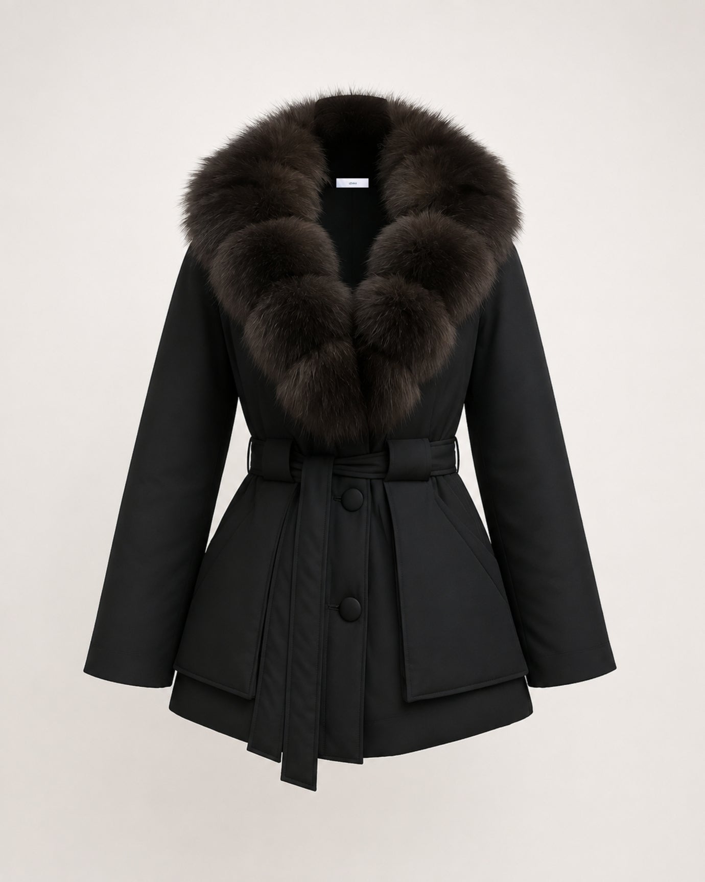 Fox Fur Collar Down Jacket With Belt