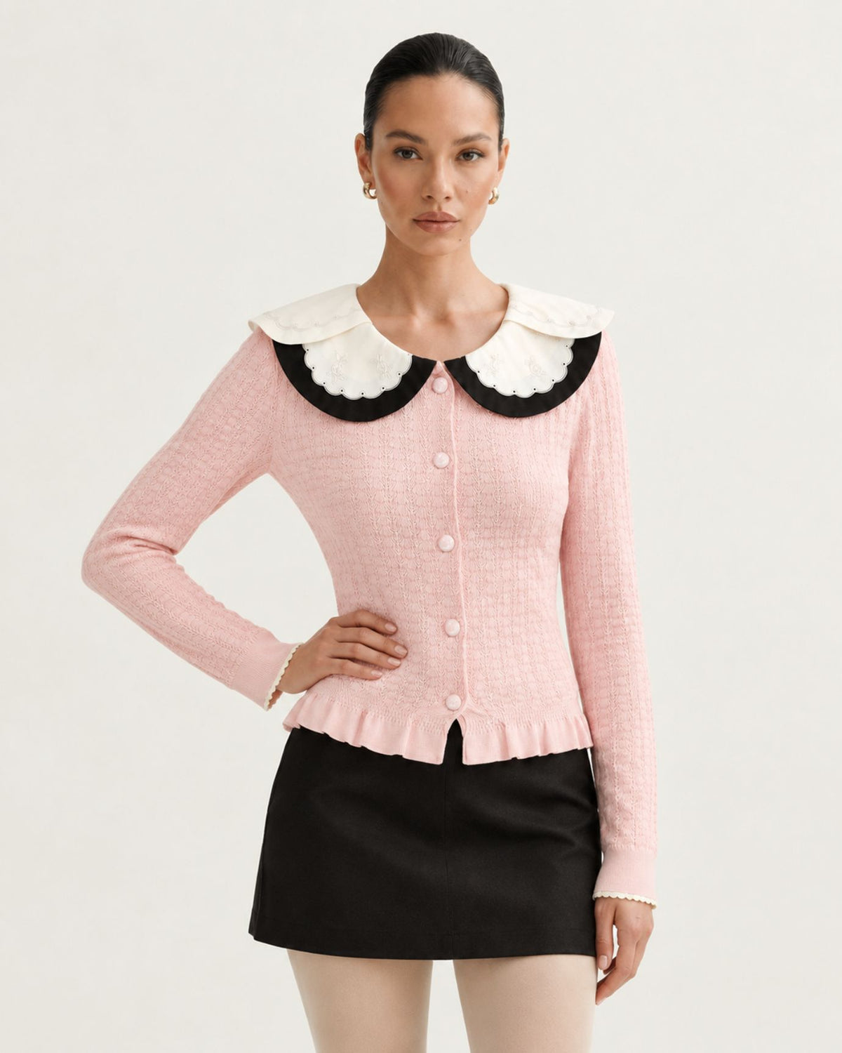 Slim-Fit Colorblock Cardigan with Embroidered Collar
