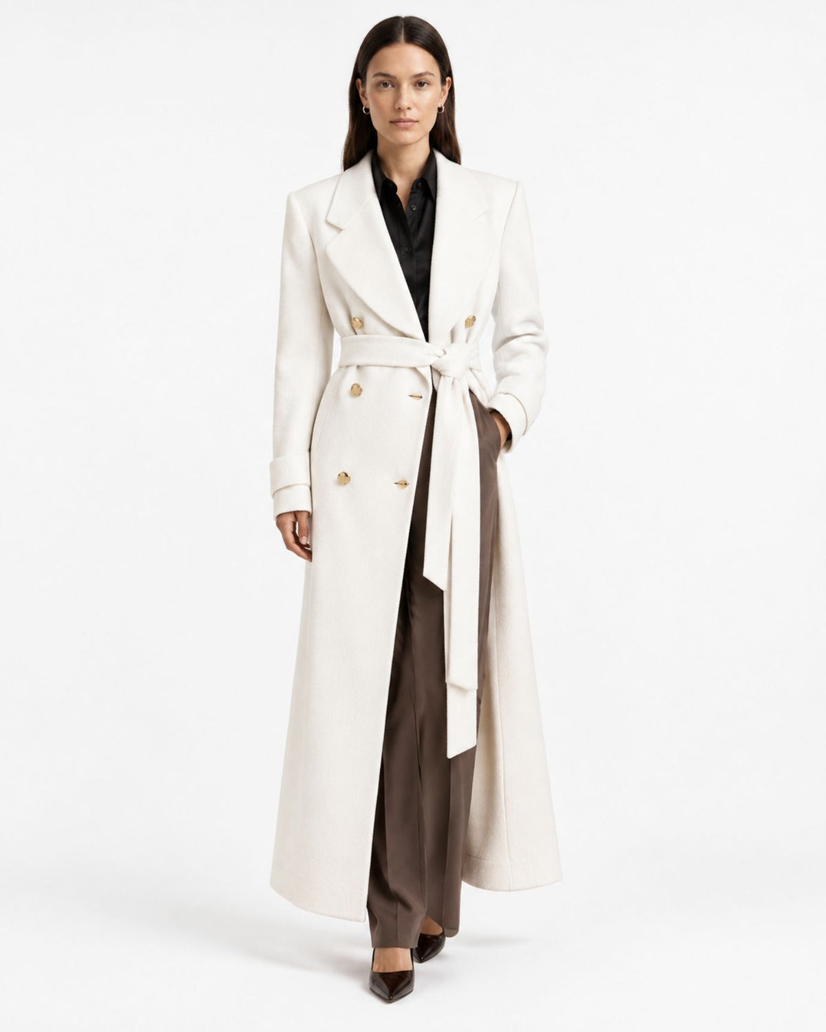 Jess Long Double-Breasted Belted Coat